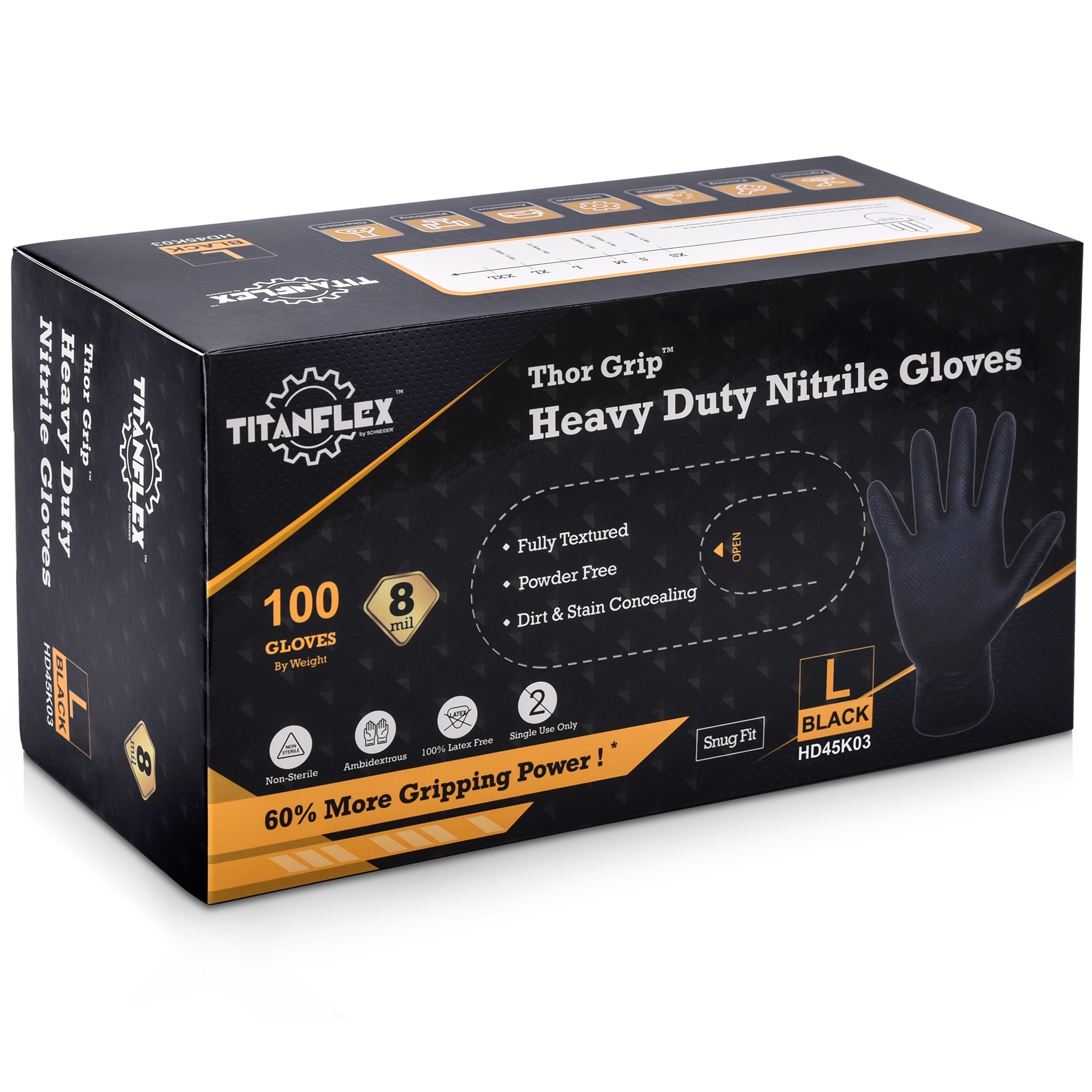 TitanFlex Disposable HeavyDuty Industrial Nitrile Gloves, Black, HD45K Series (8 mil), 100ct