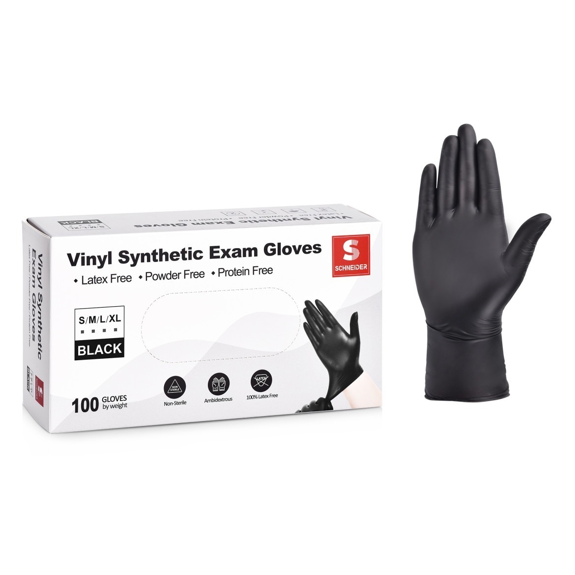 Schneider Disposable Vinyl Synthetic Exam Gloves, Black, VSFK31 Series